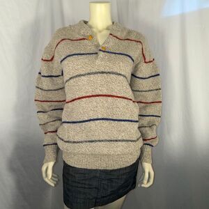 Vintage Le Tigre Shawl Collar Sweater Made in USA Oatmeal Red Blue Stripe Knit 7